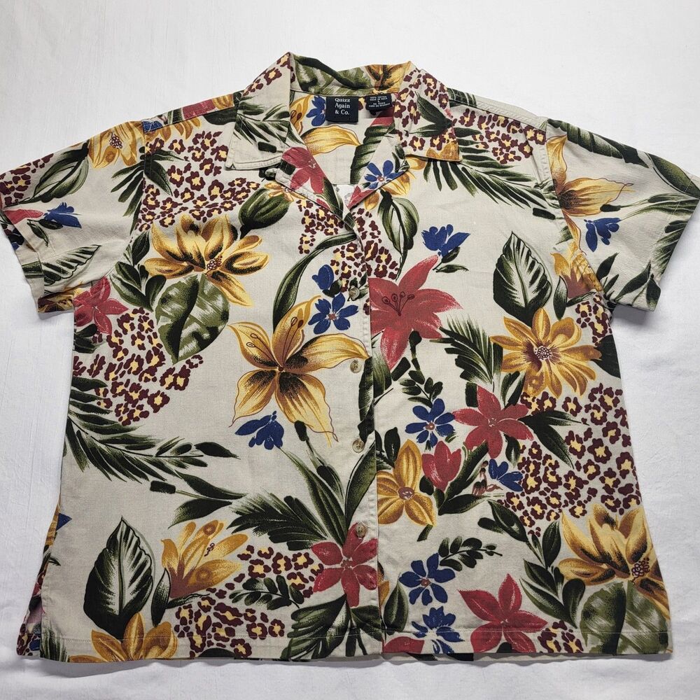 VTG Quizz Again Button Up Shirt Short Sleeve LG 100% Cotton Tropical Safari